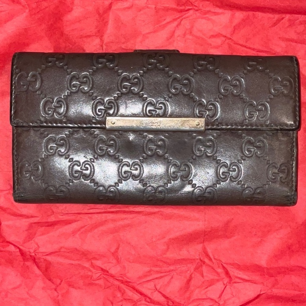 GUCCI GG Monogram Flap Brown Leather Long Wallet Authentic